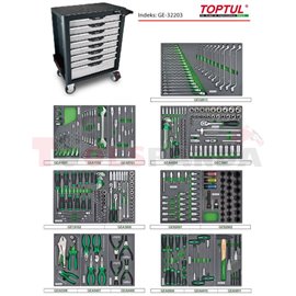 количка серия PRO-PLUS SERIES - GRAY с 8 чекмеджета, хромирани елементи, сепаратори и 322 бр. инструнмента. | TOPTUL
