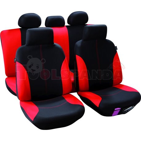 Cover seats T3 (polyester, black/red, front+rear set, 3 headrest covers + 2 front seat covers + 2 front support covers (with hea