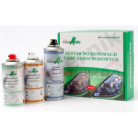 Lamp restoration kit, contains a plastic primer, a degreaser and a colourless varnish 2K