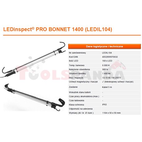 Lamp with underhood holder BONNET 1400, number of LED diodes: 168pcs, protection level: IP65
