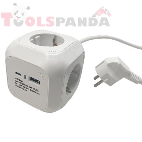 Разклонител "Куб" с 4 гнезда max. 3680W, USB+TypeC 5V max. 3.1A | KONEKTO