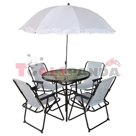 Градинска маса и 4 стола + чадър бял комплект
