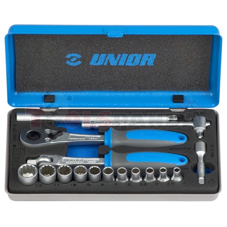 Тресчотка с комплект вложки 1/4" в метална кутия 16 бр. - UNIOR