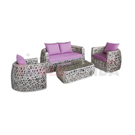 Мебели градински PVC ратан/алуминиева рамка сиви с възглавници лилави 4 части